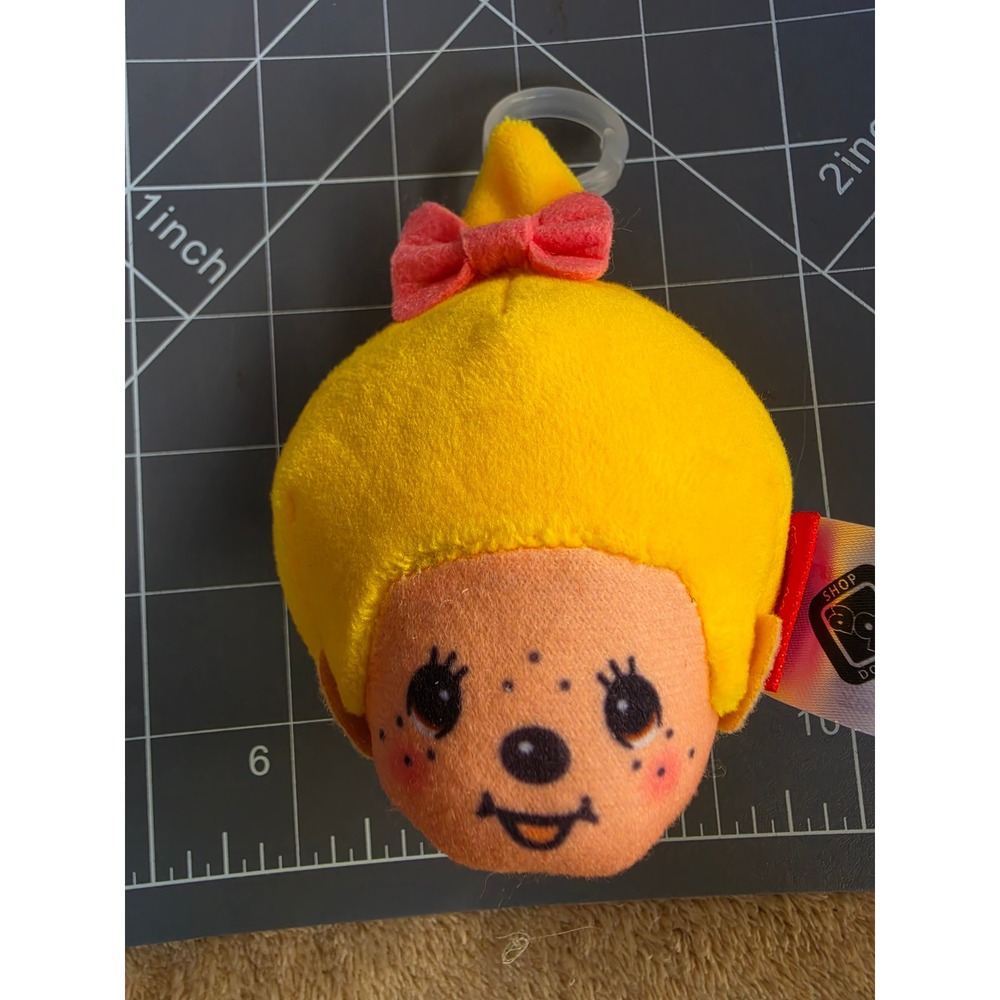 Sekiguchi Monchhichi Yellow Plush Keychain Clip Freckle Face Pink Bow Charm 3in